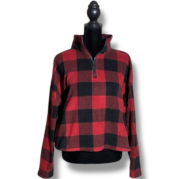 Hippie Rose Red/Black Flannel Checkered Quarter Zip Long Sleeve Cropped Fleece - Picture 5 of 15